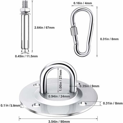 Set of 2 stainless steel ceiling hooks 304 - For hanging chair, hammock,  boxing bag, sling trainer, yoga carpet, shade sail, swing, seat GROOFOO