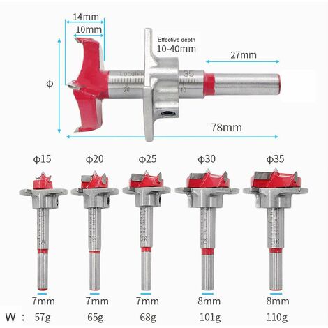 Wood Drill Bits, Box of 5 (Ø15-35mm) Wood Countersink Shaping Adjustable  Positioning Drill Bit Set