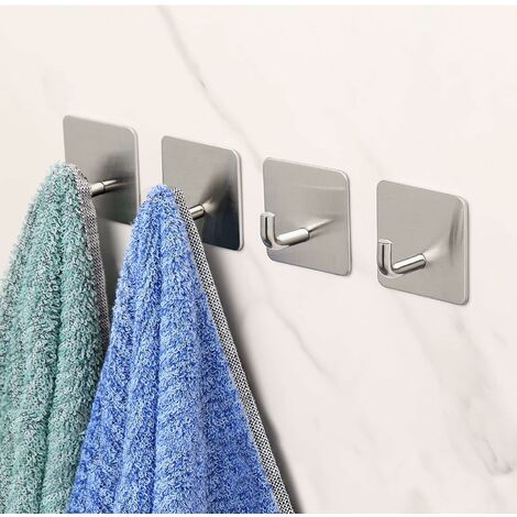 GROOFOO Adhesive Hooks 4 Pack Heavy Duty Wall Mounted Hooks Waterproof  Stainless Steel Adhesive Towel Hooks for Hanging Clothes Bathroom Silver