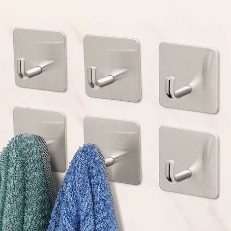 GROOFOO Adhesive Hooks 6 Pack Heavy Duty Wall Mounted Hooks Waterproof  Stainless Steel Adhesive Towel Hooks for Hanging Clothes Bathroom Silver