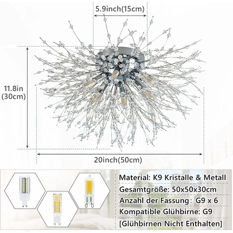 GROOFOO Plafonnier moderne en cristal pour salon,feux d'artifice chromés K9 cristaux,plafonnier,6 G9,lustre pour chambre à coucher,salle à manger,couloir