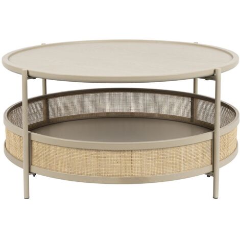 Drawer – Table basse ronde MAKOTO beige – Plateau 80 cm MDF et rotin – 4 pieds métal pour stabilité – Design bohème vintage (1/5)