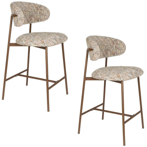 Tabouret de bar tissu 65 cm blanc – Assise rembourrée 44 x 44 cm – Dossier incurvé – Structure métal finition bois noyer – Repose-pieds intégré – Boite A Design (1/5)