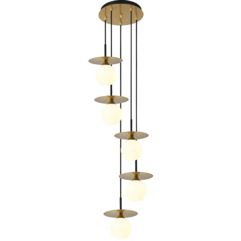 Suspension, Suspension ronde cinq lampes Cascade Or en Metal, Aluminor (1/3)
