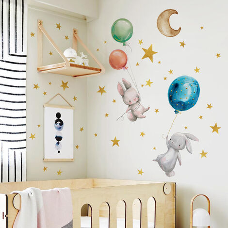 RHAFAYRES Fluoreszierende Wandaufkleber für Kinder, Mondsterne, Hasen und  Luftballons, die im Dunkeln leuchten, Sterne, leuchtende Wand-