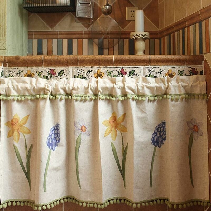 RHAFAYRE Cortinas cortas de algodón y lino, cortinas para ventanas pequeñas, 135 cm de ancho x 58 cm de alto, cortina de ventana beige para dormitorio, sala de estar, cocina, estilo vintage, floral, narciso