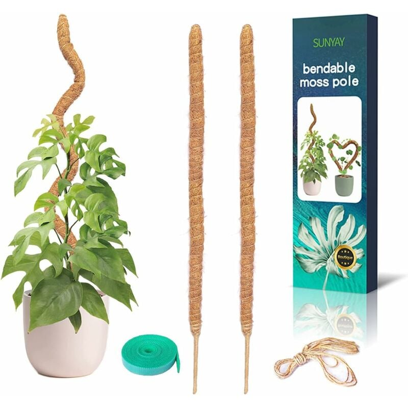 RHAFAYRE 2 Piezas 60cm(24 Pulgadas) Estaca de Coco Plegable Palo de Musgo de Coco con para Monstera Creepers Plantas Trepadoras con 1 Rollo de Sujetacables y Cuerda de Yute de 1.5m