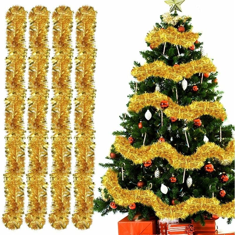 RHAFAYRE Guirnalda de árbol de Navidad, 4 piezas Guirnaldas de oropel de Navidad, Guirnalda de árbol de Navidad de 2 m, Guirnalda de oropel de purpurina metálica para bodas Fiesta de cumpleaños Paredes Ventanas Decoración de árbol de Navidad - Oro