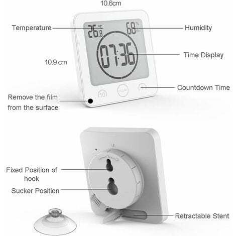 Reloj Digital para baño, temporizador de ducha, termómetro, higrómetro,  reloj de pared, pantalla LCD grande, temporizador de ducha resistente al  agua