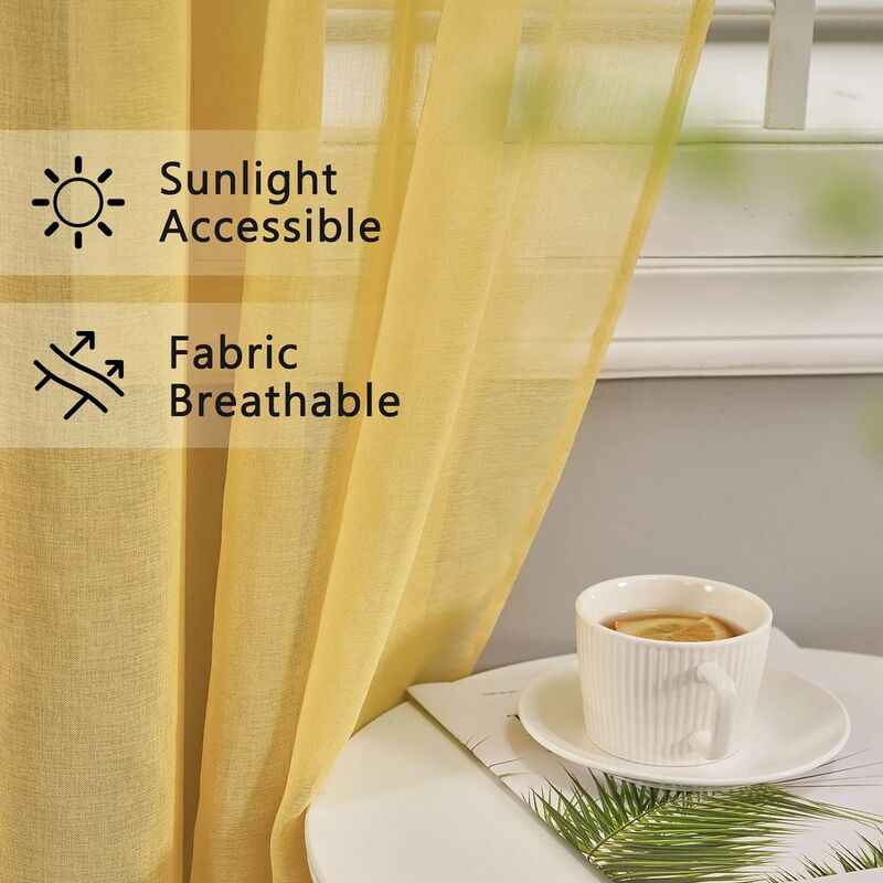 RHAFAYRE Set of 2 Shiny Yellow Voile Sheer Curtains in Linen Effect -  Eyelet Curtain Semi-Sheer Bedroom Decoration for Living Room Kitchen Curtain  140x160cm(Width x Height)