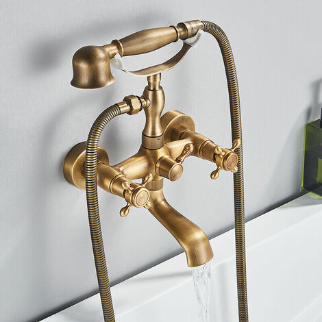 Bañera grifo ducha conjunto mezclador montado en la pared doble asas dorado  con soporte de mano ducha bañera grifo lavabo grifos