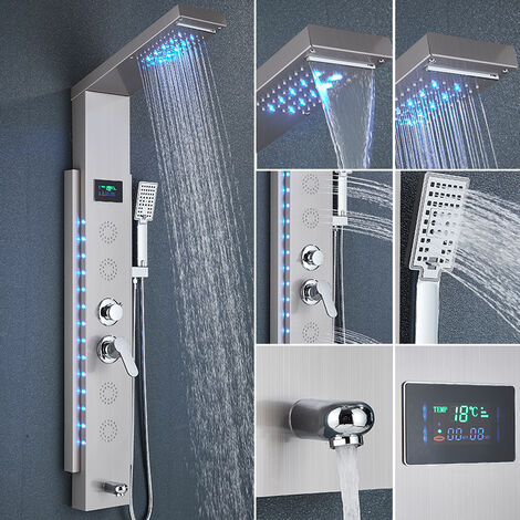 Panel de ducha negro de montaje en pared, columna de ducha LED