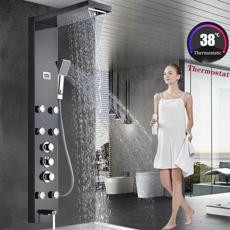 Columna termostática negra de la ducha de la torre de la columna del panel  de la ducha del cuarto de baño montado en la pared w jets del masaje del