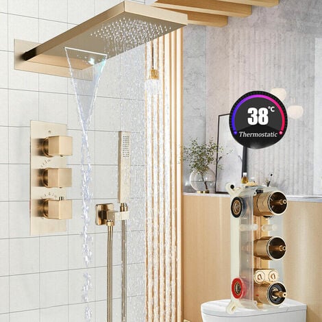 Juego de ducha termostático empotrado dorado, sistema de ducha