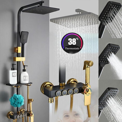 Columna de ducha negra dorada con mezclador termostático Sistema de ducha  con rociador lluvia y repisa