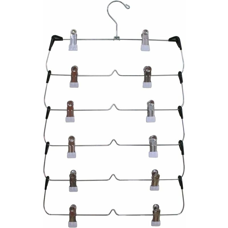 Perchero de 6 niveles con clips - Metal cromado fuerte y duradero - Ahorro de espacio - Perchas múltiples con clip antideslizante ajustable para pantalones, faldas, pantalones, jeans