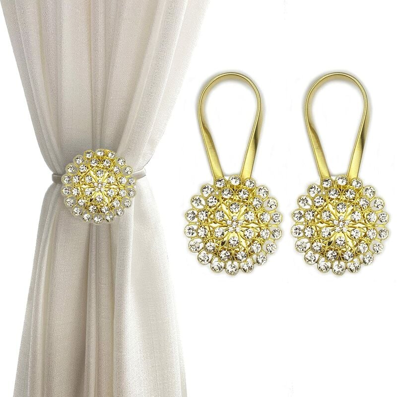 Alzapaños magnéticos para cortinas, paquete de 2 alzapaños para cortinas con flores de cristal brillante (amarillo y blanco)