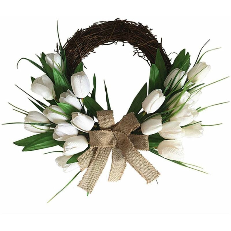 Guirnalda de puerta de primavera, flores artificiales Guirnalda de tulipán artificial Tulipanes artificiales Guirnalda de primavera Decoración de puerta delantera para colgar en la pared Decoración de boda en casa Decoración de festival (40 cm)