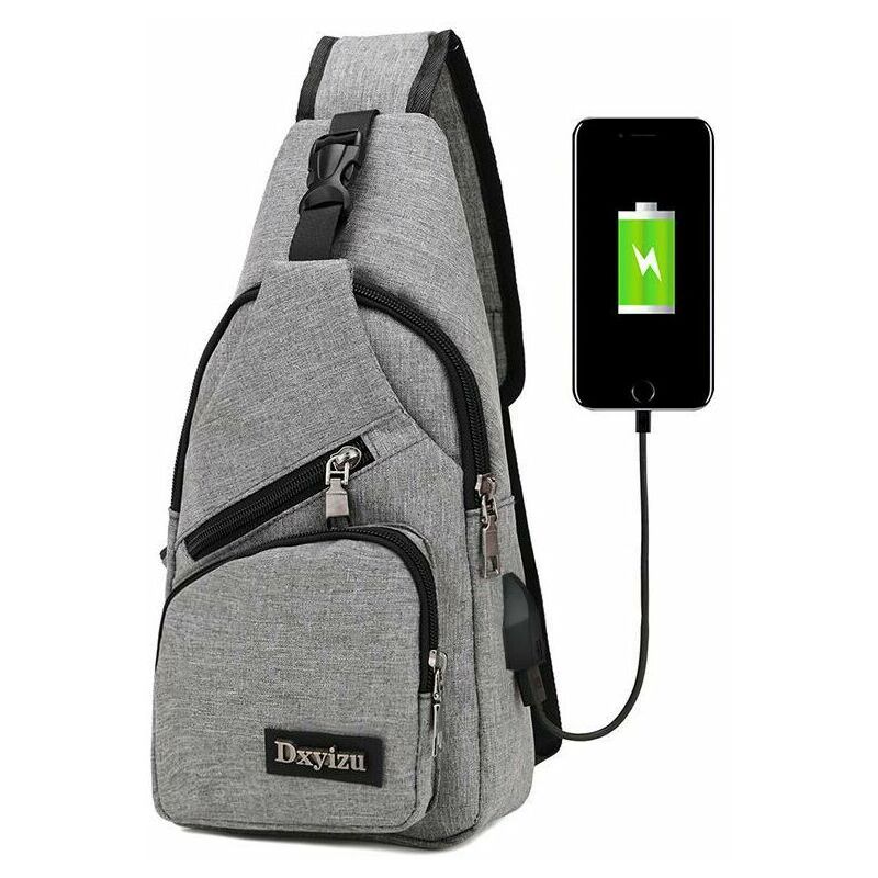 Bolso de hombro para hombre, bolso de pecho con carga USB, mochila de viaje para hombres y mujeres, gris