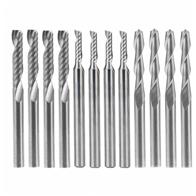 12 PCS 4 PCS 1/8 "Cortadores de carburo de tungsteno para brocas de enrutador CNC Herramientas de doble flauta + 8 PCS Cortadores de un solo borde (3 tipos) para nailon, resina, ABS, acrílico, PVC, MDF, madera