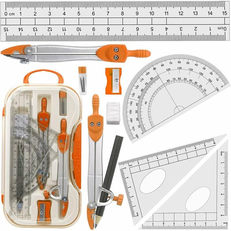 Juegos de geometría Compases de dibujo, reglas, transportador, para estudiantes, naranja -