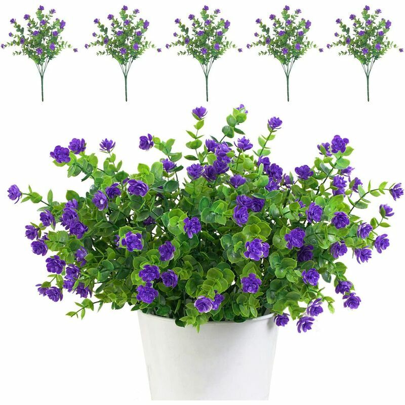 Ramos de flores artificiales, paquete de 5 plantas verdes resistentes a los rayos UV para exteriores, interiores, balcones, jardines, oficinas, bodas, decoración de fiestas (morado)