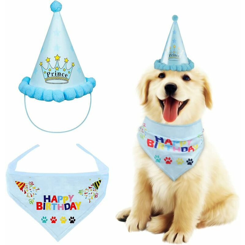Pañuelo de cumpleaños para perros, sombrero de cumpleaños para perros, juego de sombreros de cumpleaños para perros, regalo de cumpleaños para mascotas. (azul)-