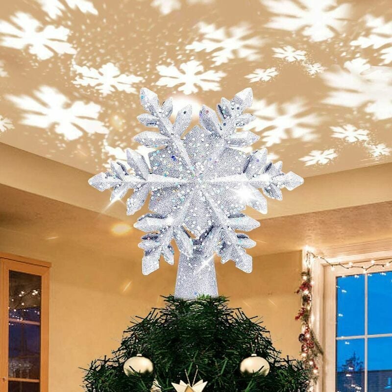-Estrella de árbol de Navidad con lámpara de proyector LED de copo de nieve blanco, estrella de árbol de Navidad con luz giratoria 3D para decoración de adorno de árbol de Navidad, enchufe de la UE