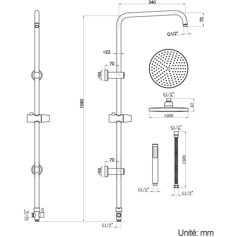 Heilmetz Set de douche Colonne de douche thermostatique avec douche de tête  ronde douchette Ensemble d'accessoires de douche thermostatique avec tuyau