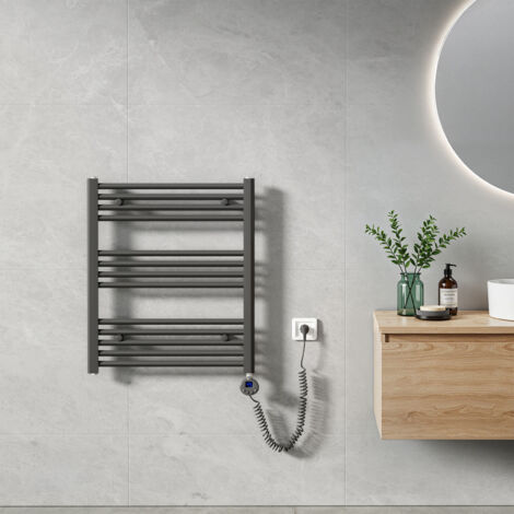 Heilmetz – Sèche-serviette électrique 70x60cm 300W anthracite – Tubes ronds – Minuterie programmable – Pour salle de bain jusqu'à 6m²