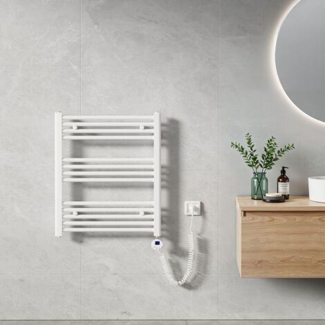 Heilmetz – Sèche-serviette électrique 70x60cm 300W blanc – Tubes ronds – Chauffage rapide 30s – Mode timing et thermostatique – Acier SPCC