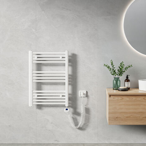 Heilmetz Sèche-Serviette électrique 70x50cm 300W Blanc Tubes Ronds Radiateur Mural Salle de Bain avec Timing Élément Chauffant