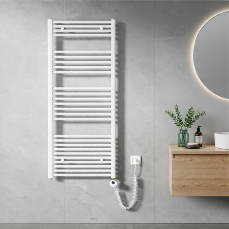 Heilmetz Sèche-Serviette électrique 140x60cm 600W Blanc Tubes Ronds Radiateur Mural Salle de Bain avec Timing Élément Chauffant
