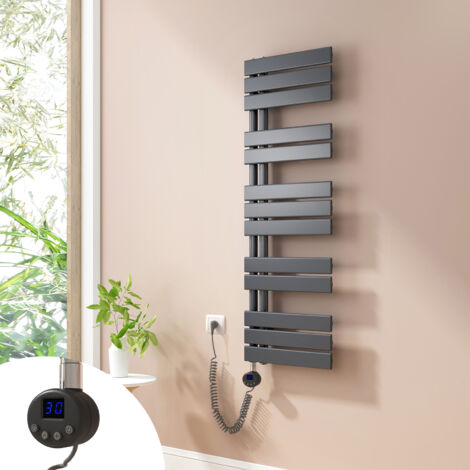 Heilmetz – Sèche-serviette électrique plat 1176x400mm – 600W – Anthracite – Éléments chauffants avec minuterie – Acier laminé à froid