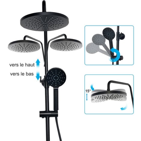 Heilmetz Colonne de Douche Thermostatique, Ensemble de Douche avec Thermostat + Douchette à Main +Tête de douche, Système de Douche Hauteur Réglable Noir