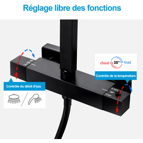 [JAMAIS UTILISE] Heilmetz Système de douche noir avec thermostat Ensemble de douche pour système de douche, colonne de douche en acier inoxydable 304, barre de douche ajustable pour douche de pluie ca