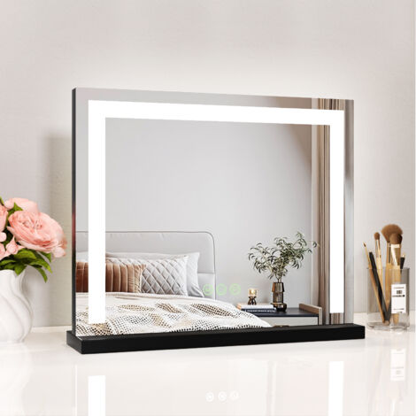 Heilmetz Miroir Maquillage Lumineux 50x42cm Table Miroir Lumineux 3 Couleurs Dimmable Noir Base en Métal avec Interrupteur Tactile