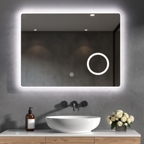 Heilmetz – Miroir lumineux de salle de bain 80x60 cm – Loupe 3X – Lumière blanche froide 6500K – Anti-buée – Dimmable IP65