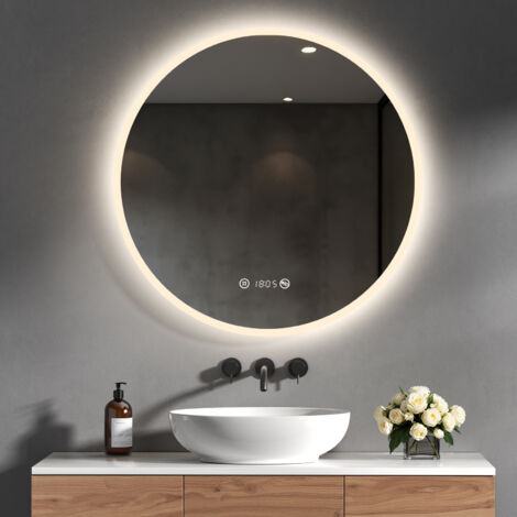 Heilmetz – Miroir lumineux salle de bain rond LED 70 cm – Anti-buée, horloge numérique, température, IP65, éclairage doux ajustable