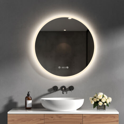 Heilmetz – Miroir lumineux salle de bain rond LED 60 cm – Anti-buée, horloge numérique, affichage température, IP65, éclairage doux 4300K