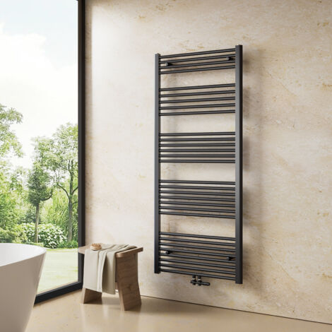 Heilmetz – Sèche-serviette eau chaude 160x60cm 761W – Radiateur anthracite à tube rond – Raccordement central – Pour salle de bains 7m²