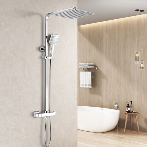 Heilmetz – Colonne de douche thermostatique 30 x 30 cm – Pommeau carré en laiton et inox – Hauteur réglable – Vanne thermostatique avec verrouillage sécurité 38°C