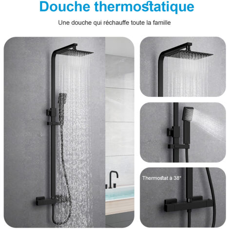 Heilmetz Système de douche noir avec thermostat Ensemble de douche pour système de douche, colonne de douche en acier inoxydable 304, barre de douche ajustable pour douche de pluie carrée