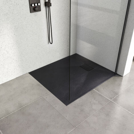 Heilmetz – Receveur de douche à poser 90 x 90 cm – Pierre extra plat SMC – Antidérapant noir – Écoulement rapide et structure renforcée
