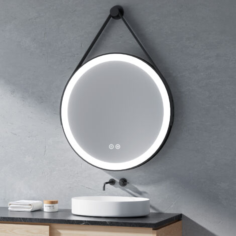 Miroir LED Rond Heilmetz 80 cm pour Salle de Bain – 3 Couleurs de lumière à Variable, Étanche IP44, Commande Tactile, Cadre Métal Noir + Sangle Cuir (1/5)
