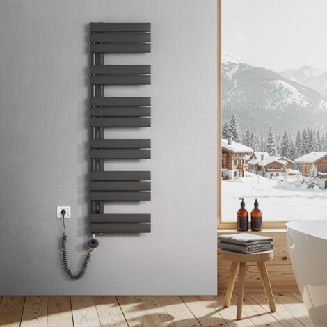 Heilmetz Sèche-Serviettes Electrique, radiateur sèche-Serviettes Plat avec Timing Elément de Electrique, raccordement latéral, Anthracite, 1385x400mm, 600W