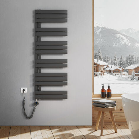 Heilmetz – Sèche-serviette électrique plat 1385x500mm – 800W – Raccordement latéral – Acier anthracite – Chauffage rapide pour salle de bain
