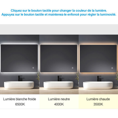 Heilmetz Miroir de salle de bain avec éclairage Miroir de salle de bain LED 80x60cm Interrupteur Tactile, Lumière Blanche Froide/Chaude/Neutre