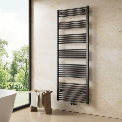 Heilmetz – Sèche-serviette eau chaude 180x60cm 860W – Radiateur anthracite à tube rond simple – Raccordement central – Pour pièces jusqu'à 7m²