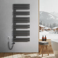 Heilmetz – Sèche-serviette électrique plat 800W – Raccordement latéral – Dimensions H.1385 x L.600 mm – Acier anthracite – Chauffage rapide pour 8 m²
